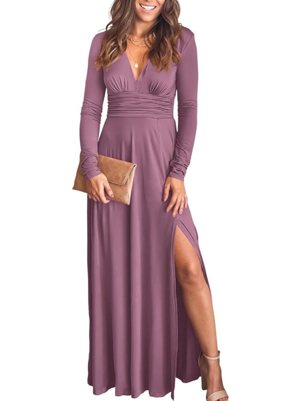 Women's Pink Summer Long Sleeve Deep V Neck Wedding Guest Formal Maxi Dresses